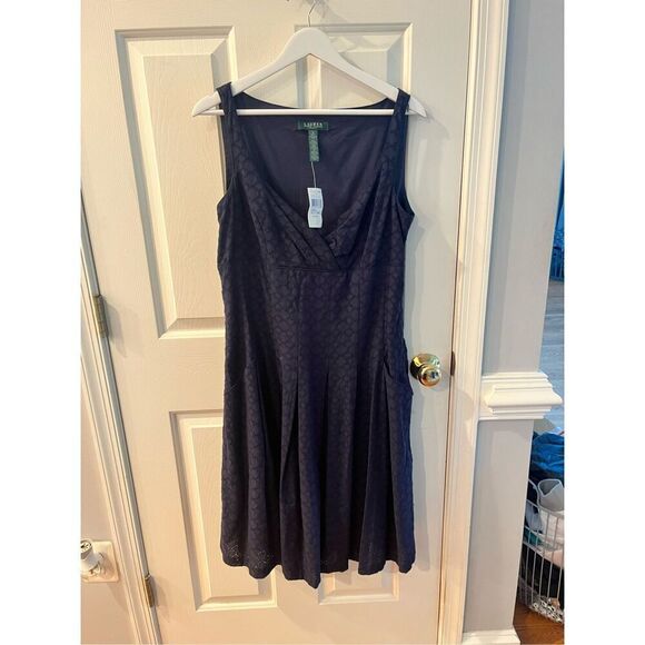 Lauren Ralph Lauren Navy Eyelet Lace Sun Dress sz 14 NWT - Picture 1 of 8